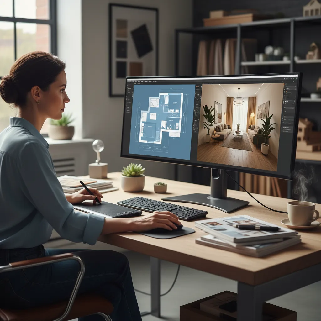 Diseñador creando distribución de un apartamento en software 3D