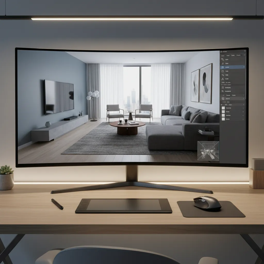 Curved computer monitor on a wooden desk showing a living room interior design drawing for software