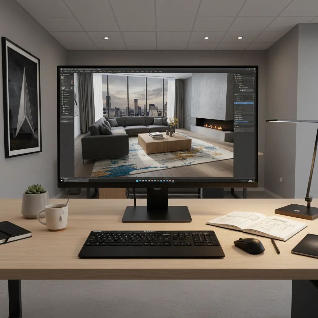Pantalla mostrando un software de diseño de interiores en 3D con un salón modelado