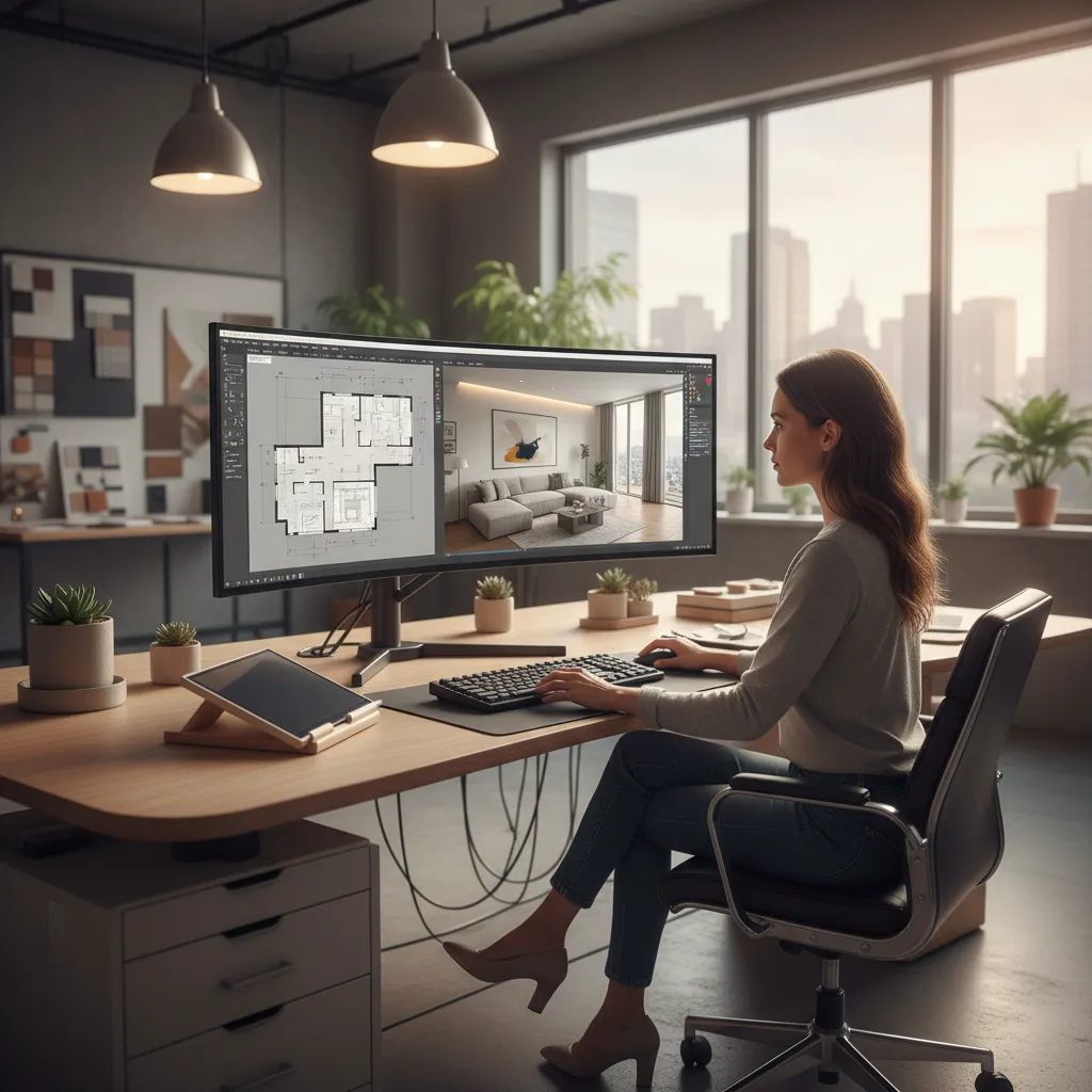 Diseñador trabajando con software 3D para interiores
