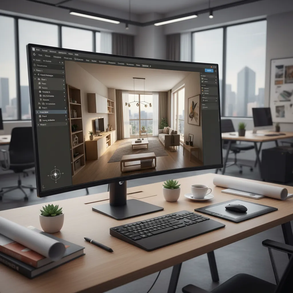 pantalla con software de diseño de interiores en 3D mostrando un apartamento