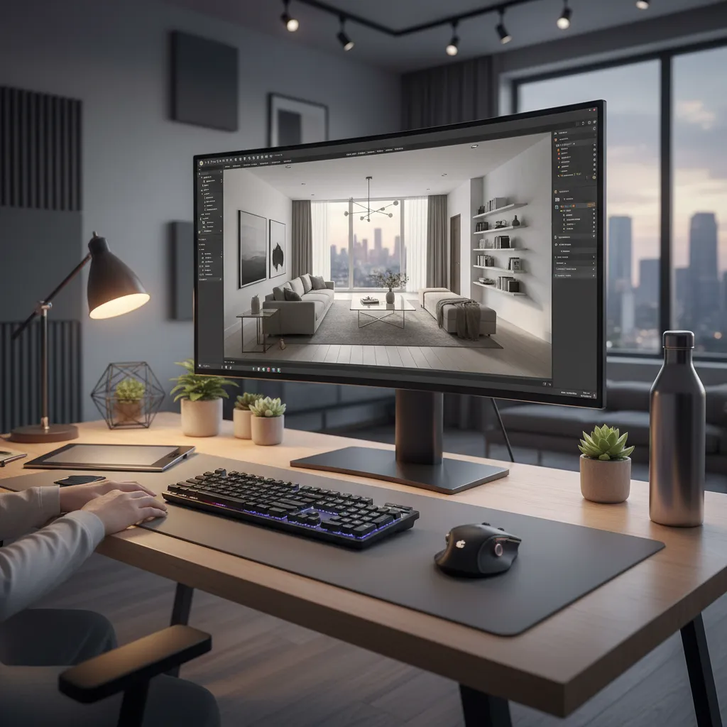 Pantalla de ordenador mostrando un modelo 3D de un apartamento en proceso de diseño