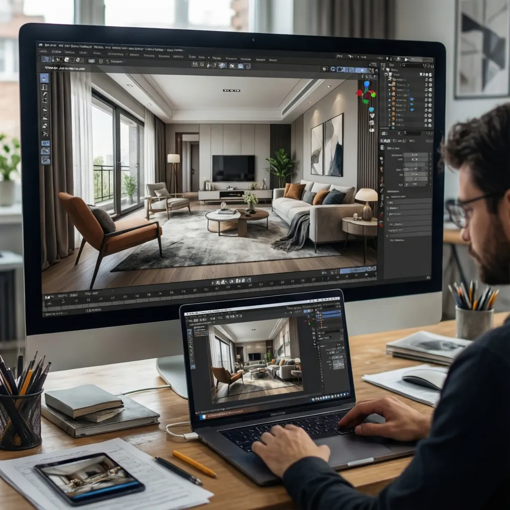 Pantalla mostrando diseño de interiores en software 3D