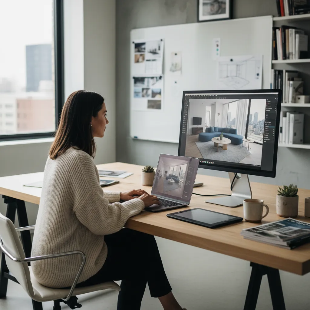 Diseñador trabajando con software 3D para planificar un interior