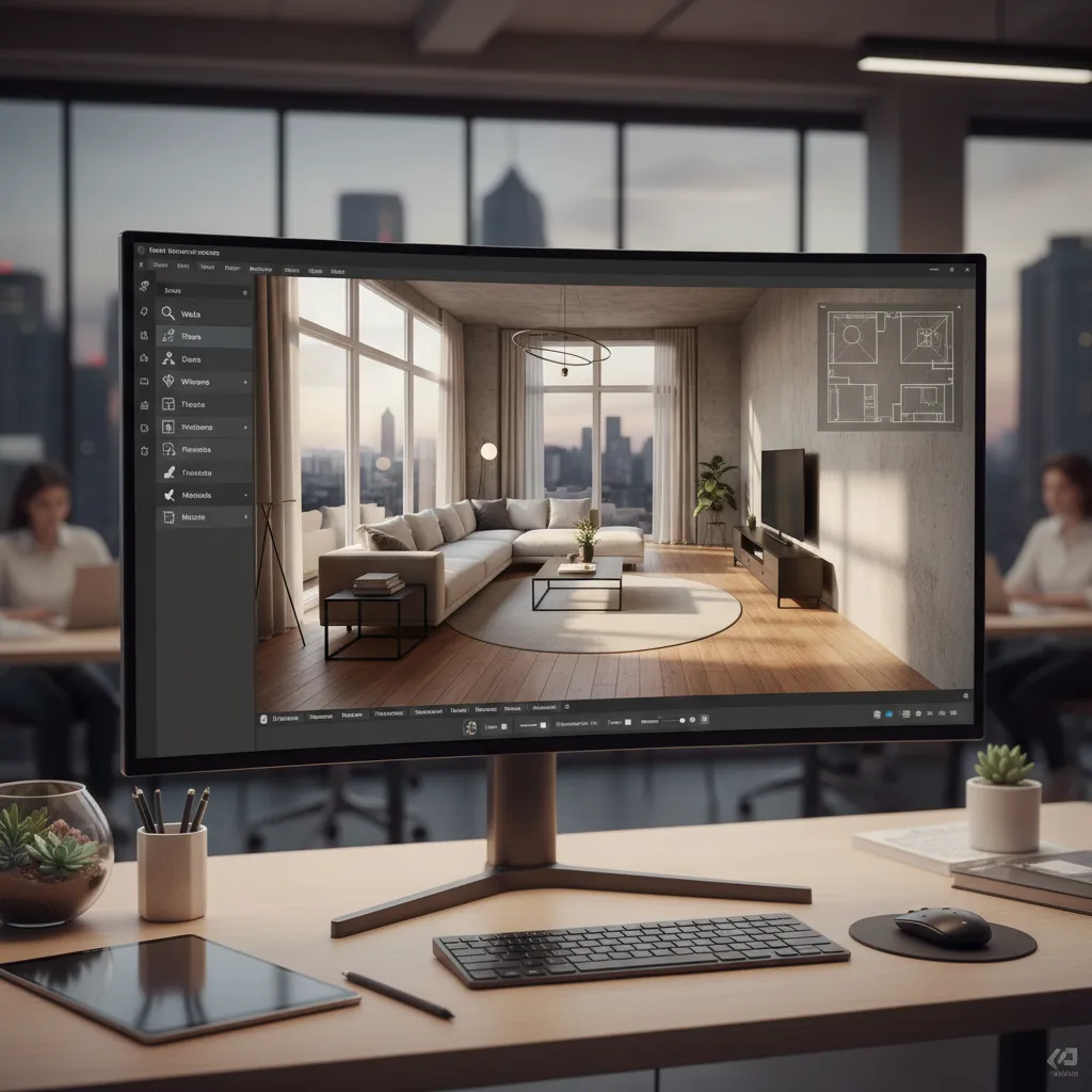 Computer monitor displaying living room interior design drawing with a sofa and large city view
