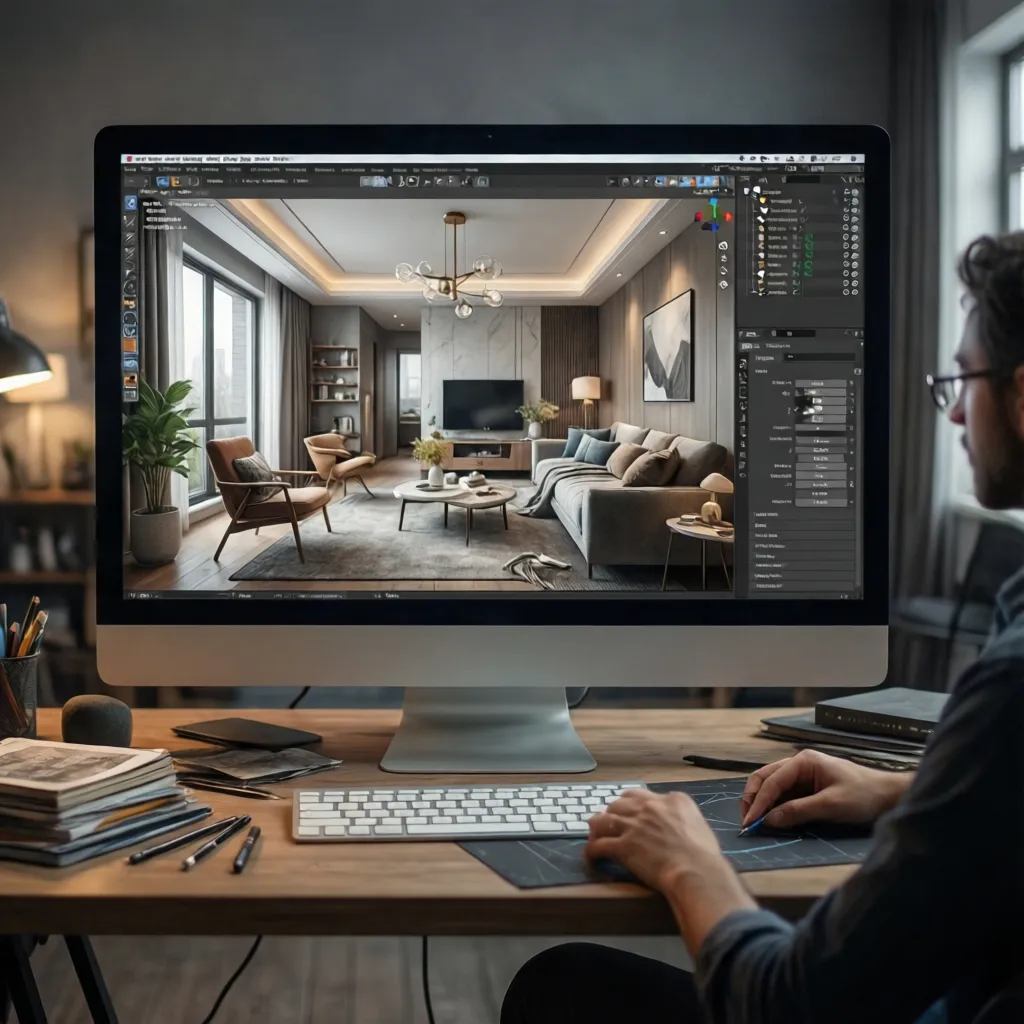 Pantalla mostrando un modelo 3D de diseño de interiores en un software profesional