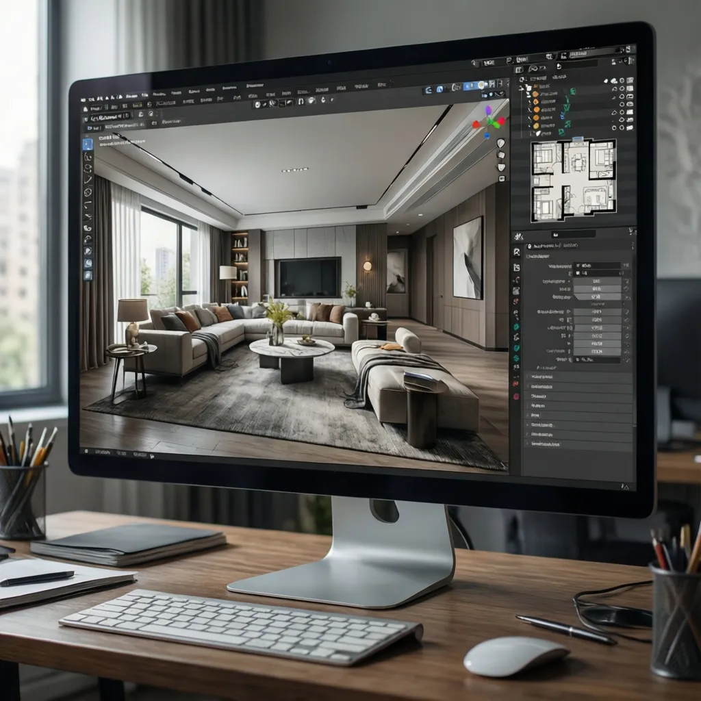 Interfaz de programa de diseño de interiores mostrando una sala en 3D