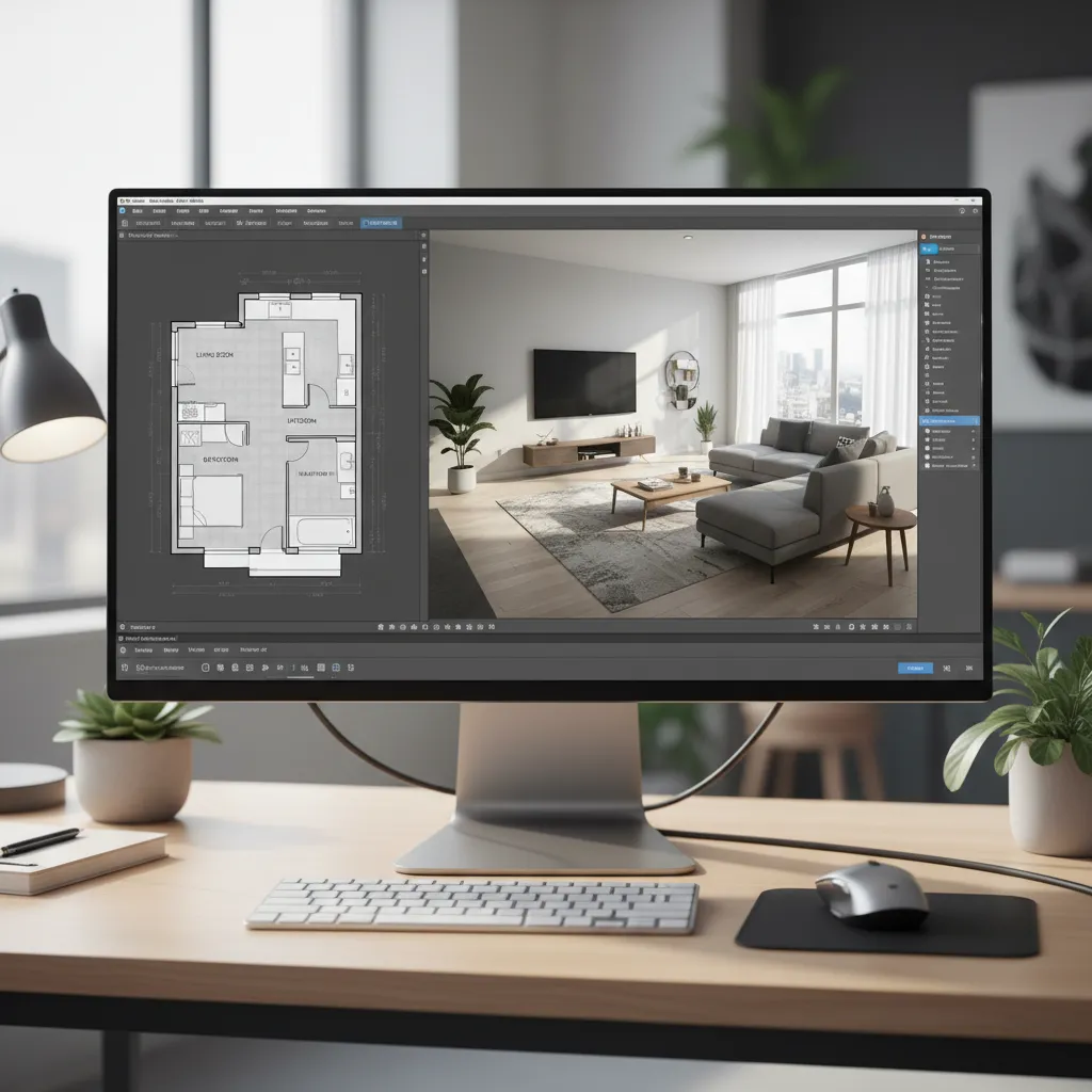 Computer monitor displaying floor plan layout and 3D interior design drawing of a modern room