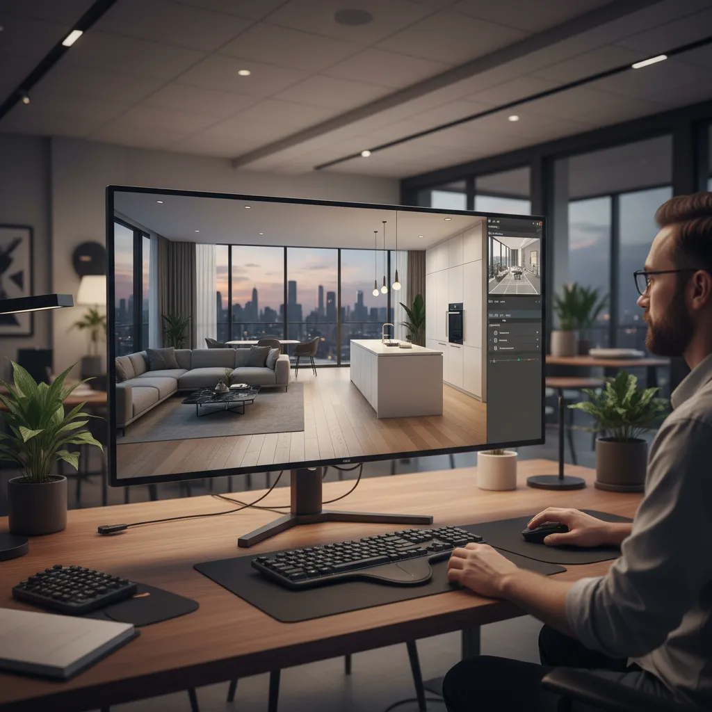 Man using interior design software to create a modern living room with a city view