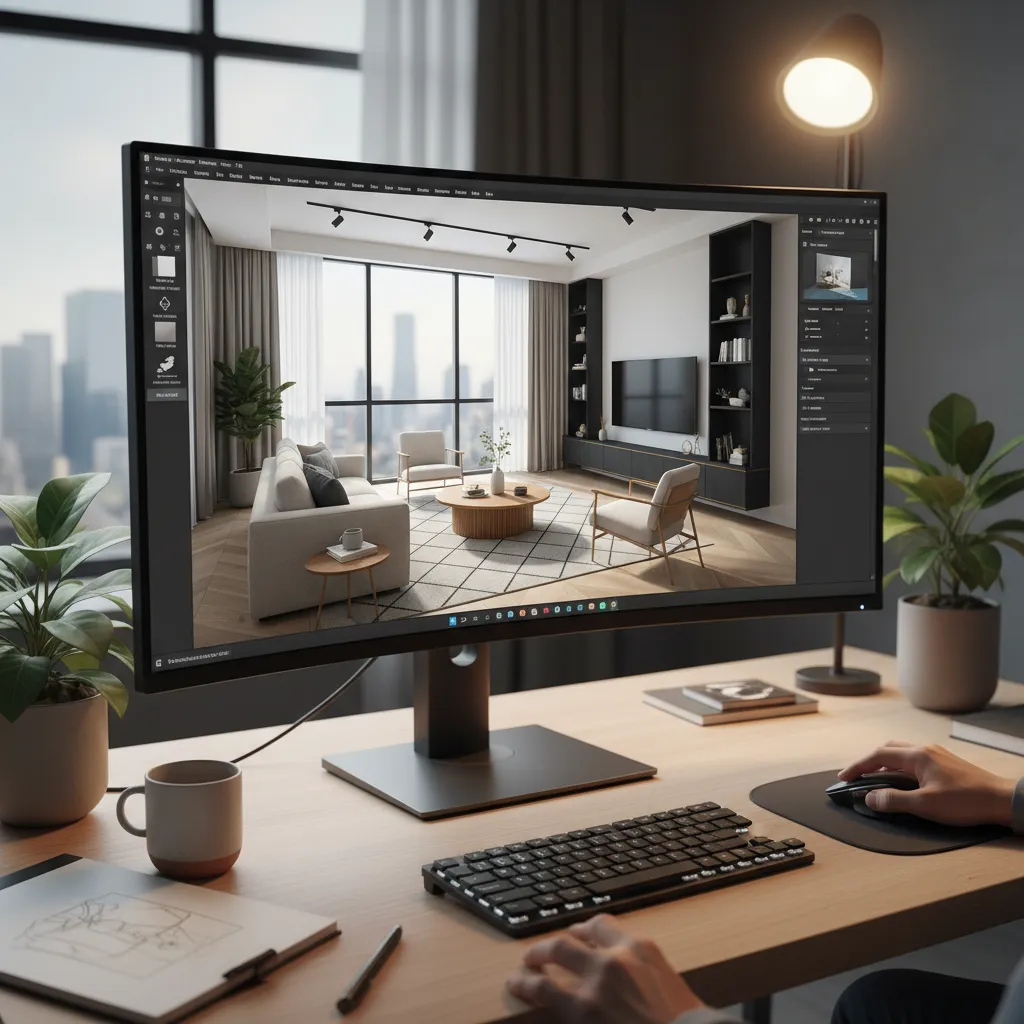 Pantalla mostrando modelado 3D de un salón moderno