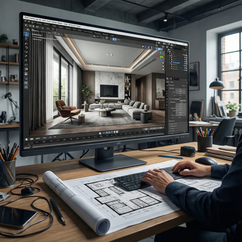Person using interior design drawing software on computer screen with paper floor plans on desk