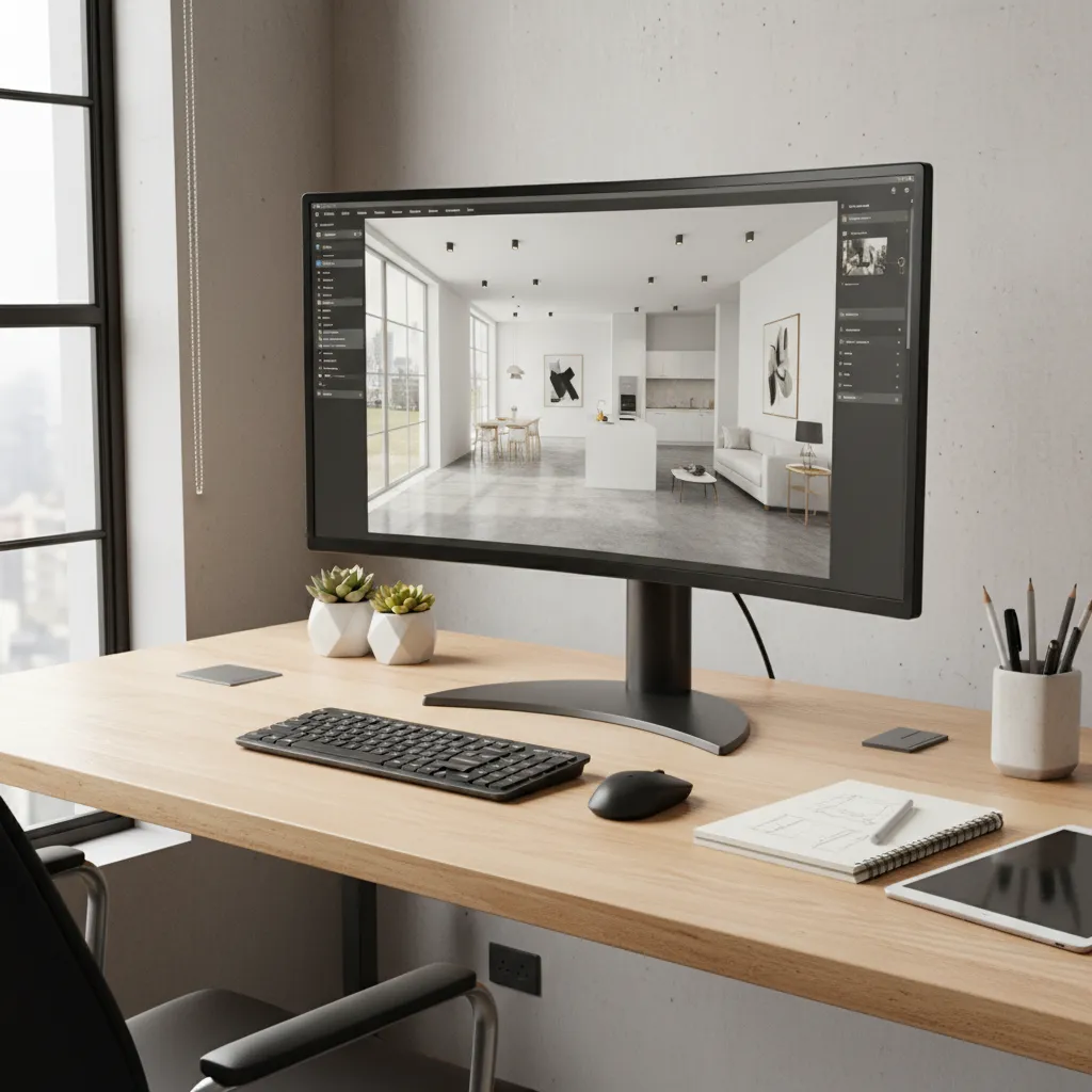 Pantalla con software de diseño de interiores mostrando un plano en 3D