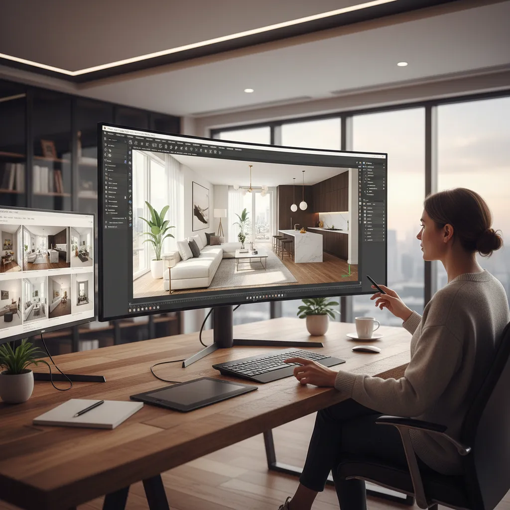 Pantalla de ordenador con software de diseño de interiores en 3D y plano de vivienda