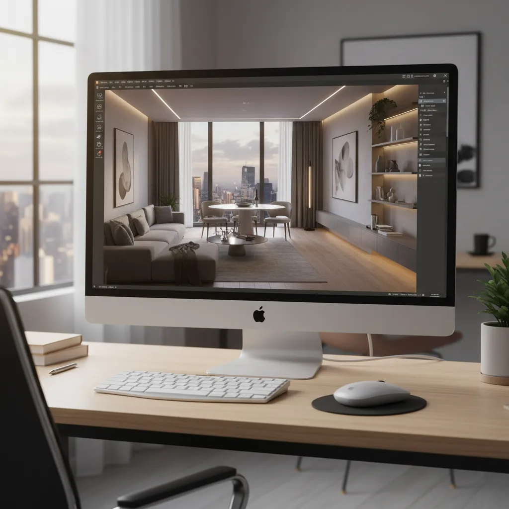 Computer monitor on a desk showing a modern living room interior design drawing with sofa