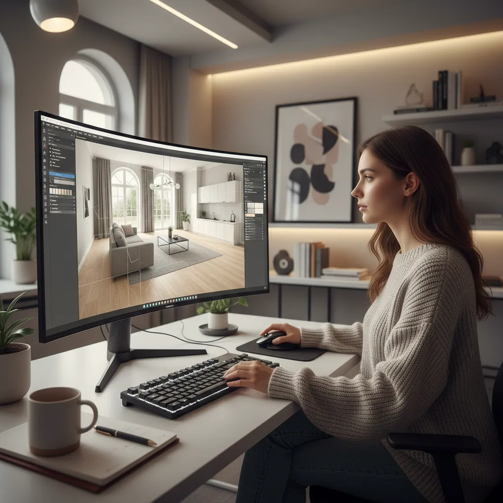 Pantalla de ordenador mostrando un plano de vivienda en 3D durante el proceso de diseño
