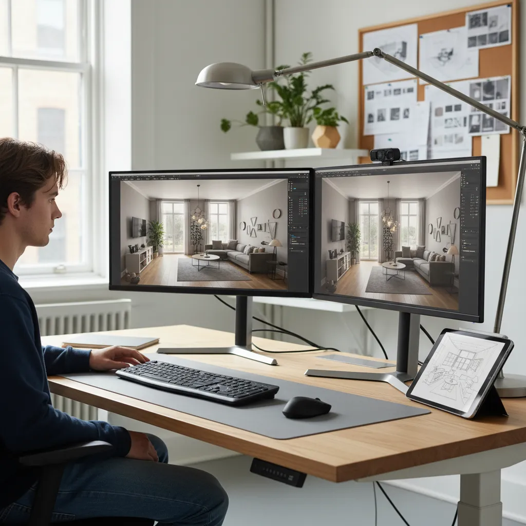 Estudiante trabajando en modelado 3D de interiores en ordenador