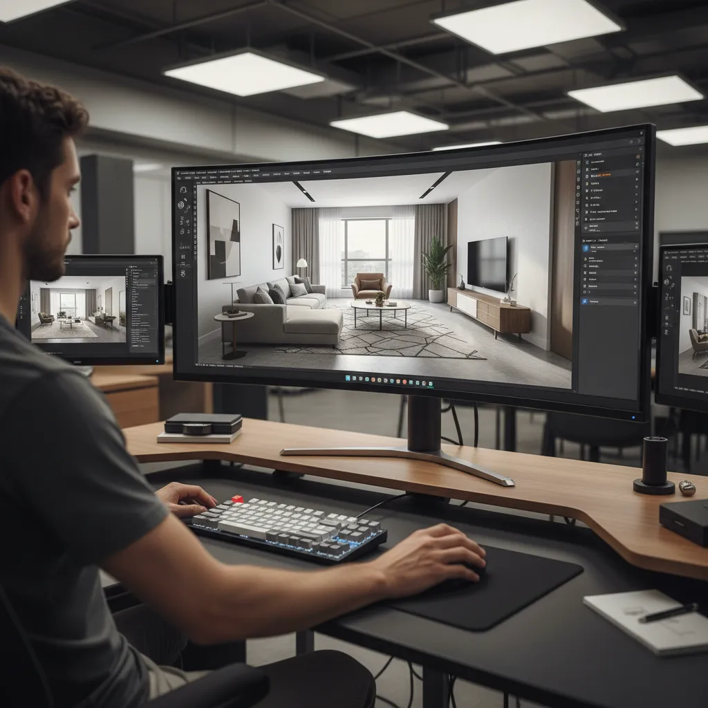 Pantalla mostrando software de diseño de interiores en 3D con un apartamento modelado