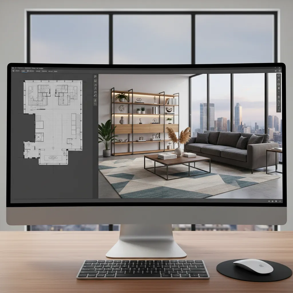 Computer monitor showing Coohom software with 2D floor plan and 3D interior design room layout