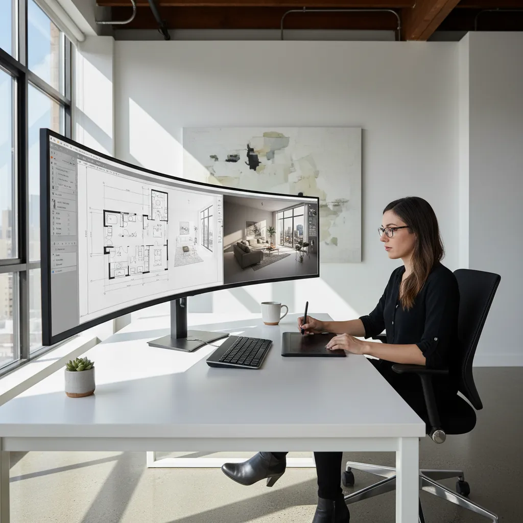 Pantalla con software de modelado 3D para diseño de interiores