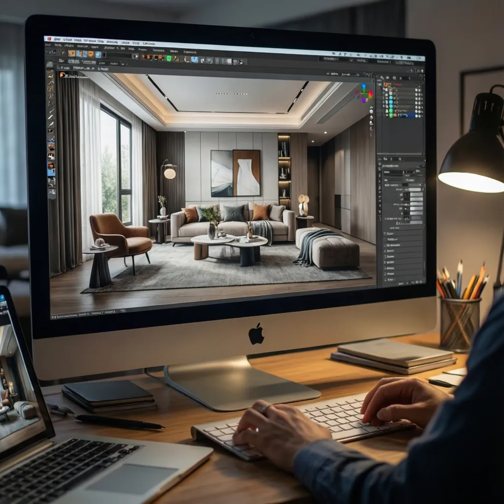 Coohom user interface showing a modern living room interior design drawing on a computer screen