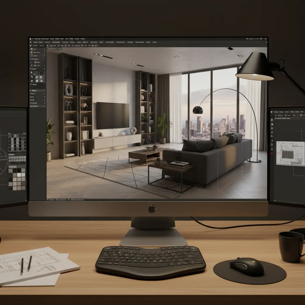 Pantalla con software de modelado 3D de un salón moderno