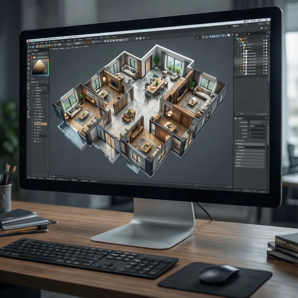 Pantalla mostrando plano 3D de vivienda en software de diseño interior