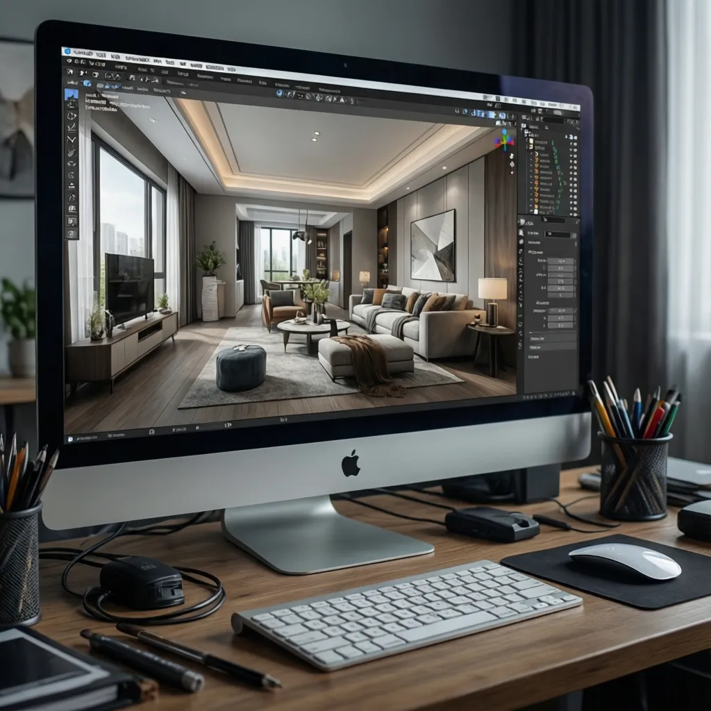 Pantalla de ordenador mostrando un diseño interior en 3D
