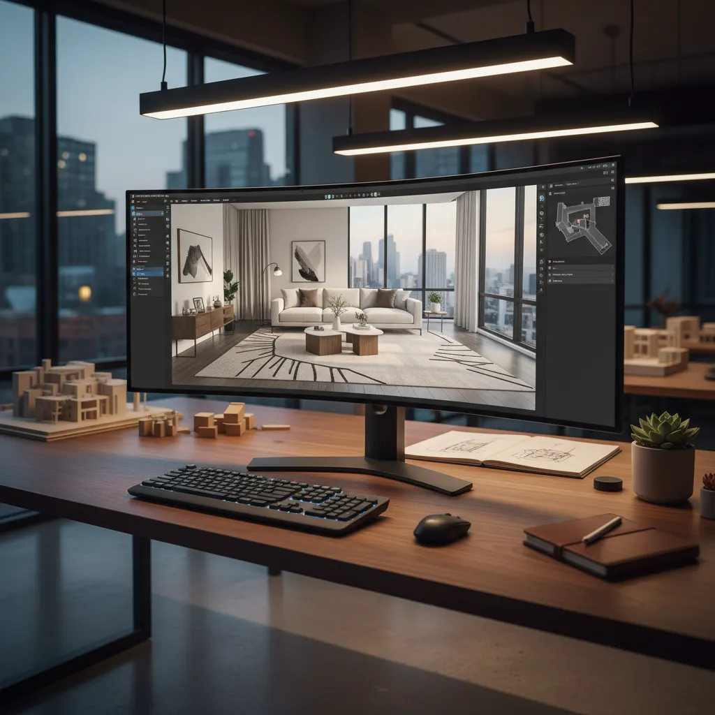 Interior design software on a wide monitor showing modern living room on a wooden desk