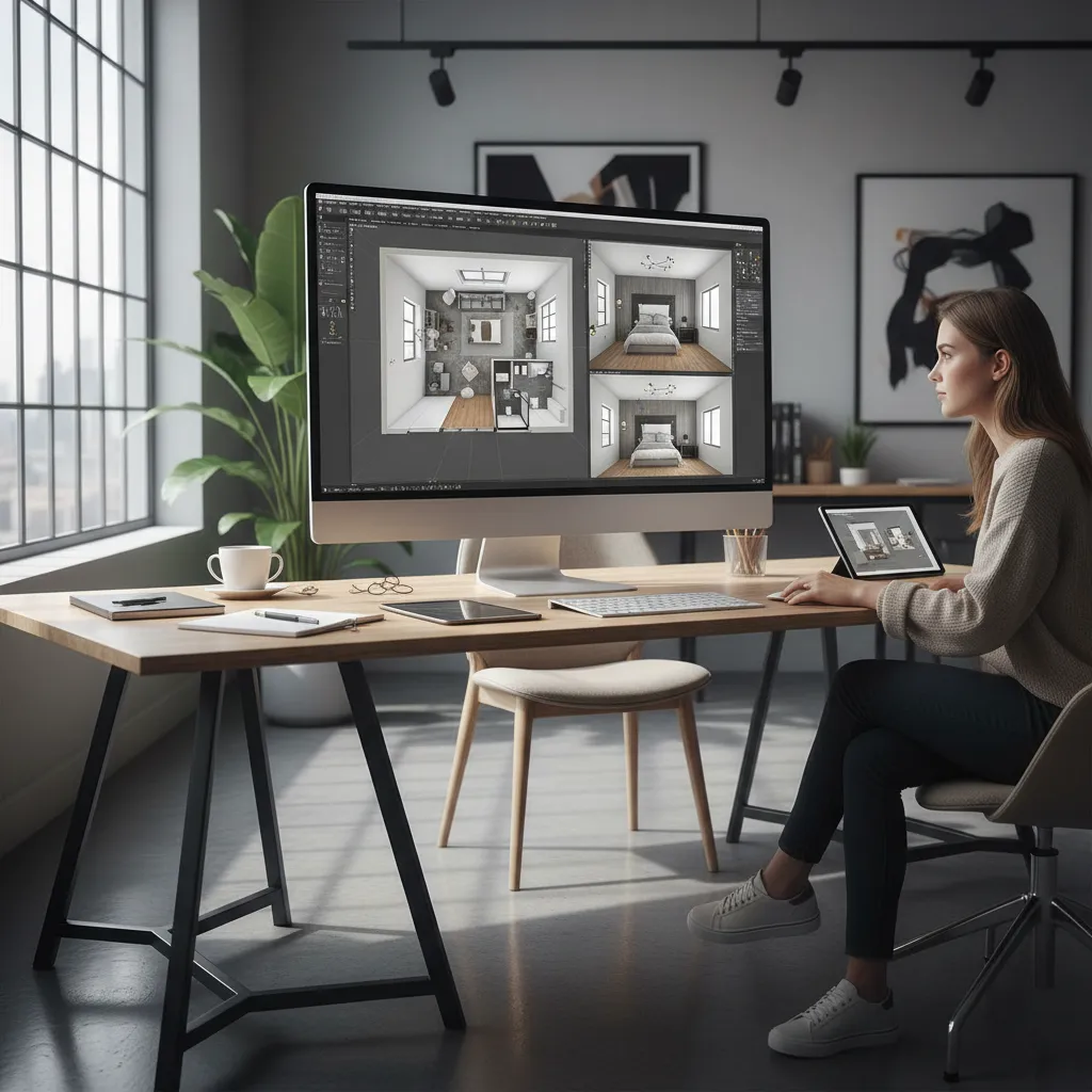 Coohom design software showing a bedroom layout on a large monitor in a bright office