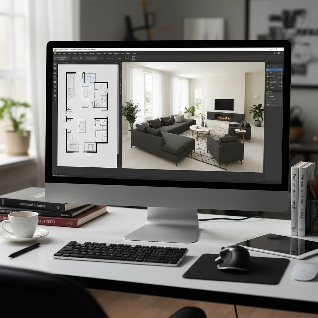 Desktop computer screen displaying a black sofa living room design and a 2D floor plan
