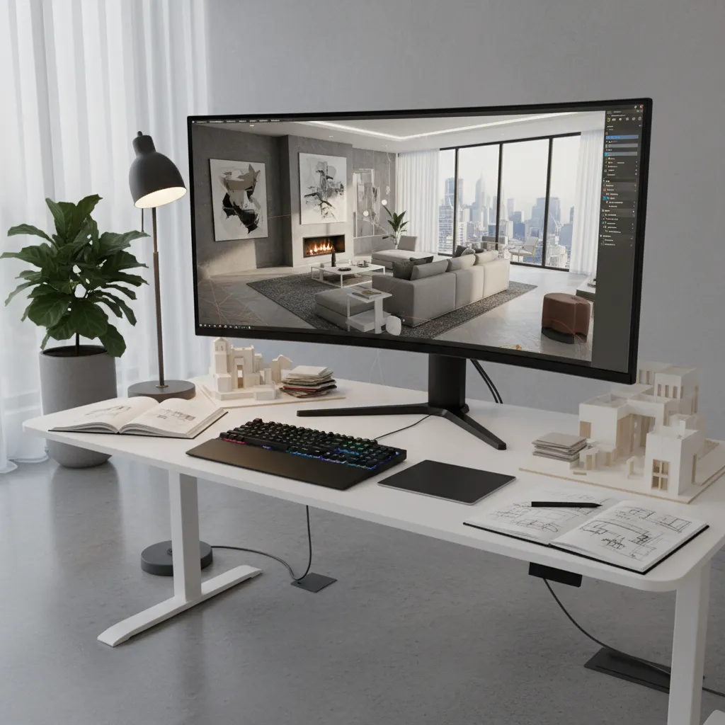 Pantalla con software de diseño de interiores mostrando un modelo 3D de vivienda