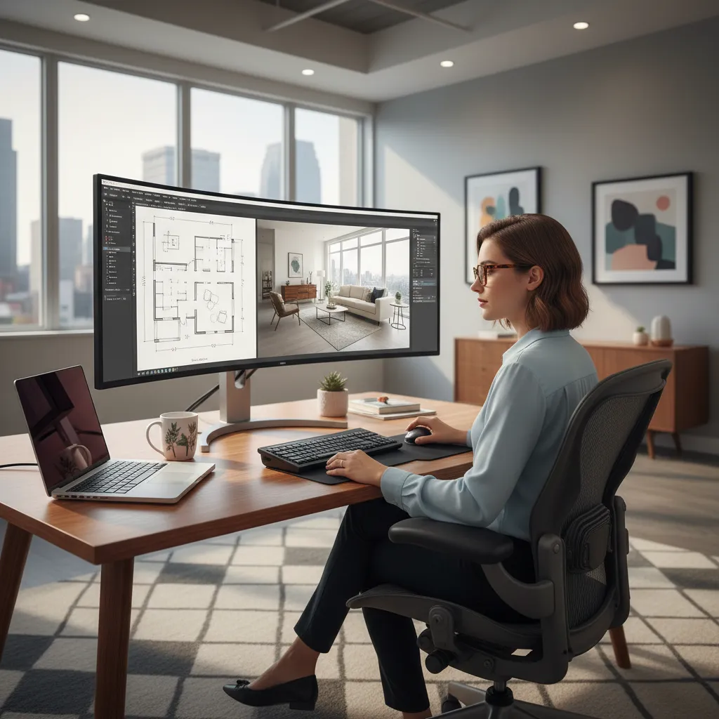 Diseñador trabajando en un modelo 3D de interiorismo en ordenador