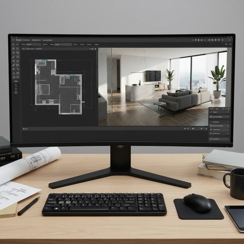Pantalla mostrando un programa de diseño de interiores con plano y vista 3D