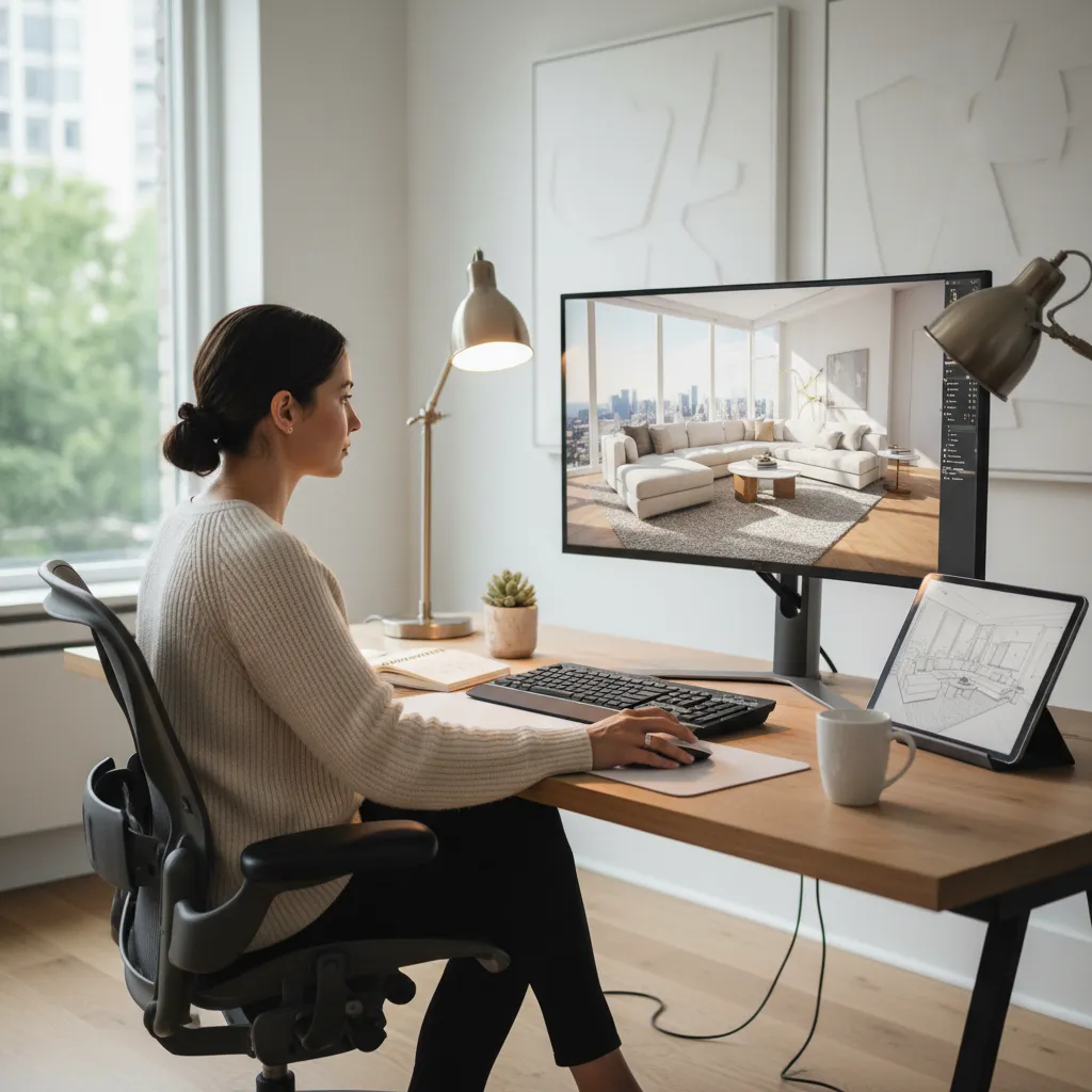 Diseñador trabajando en un modelo 3D de interiorismo en ordenador