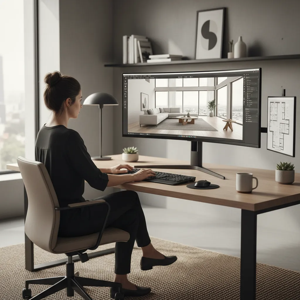 Designer sitting at wooden desk using monitor to create modern living room interior design drawing