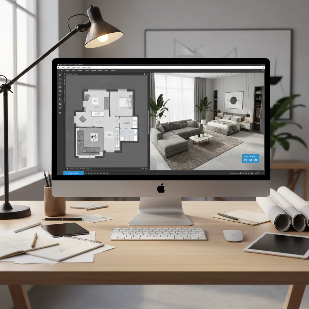 Interfaz de software mostrando plano de habitación en 2D y vista 3D simultánea
