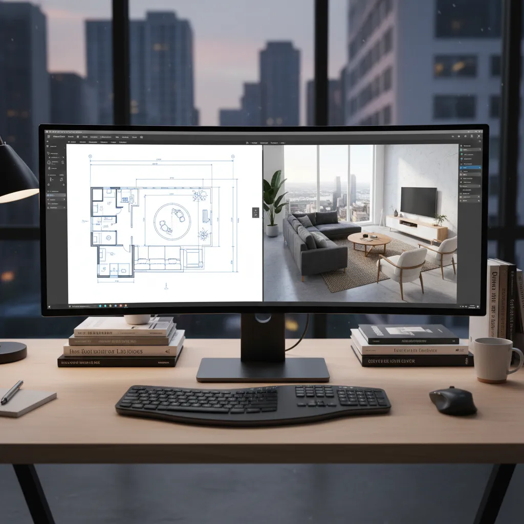 Pantalla mostrando un programa de diseño de interiores con plano 2D y vista 3D