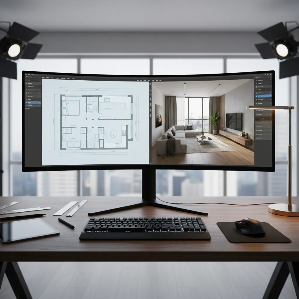 Coohom floor plan software showing a 2D layout and 3D interior design drawing on monitor