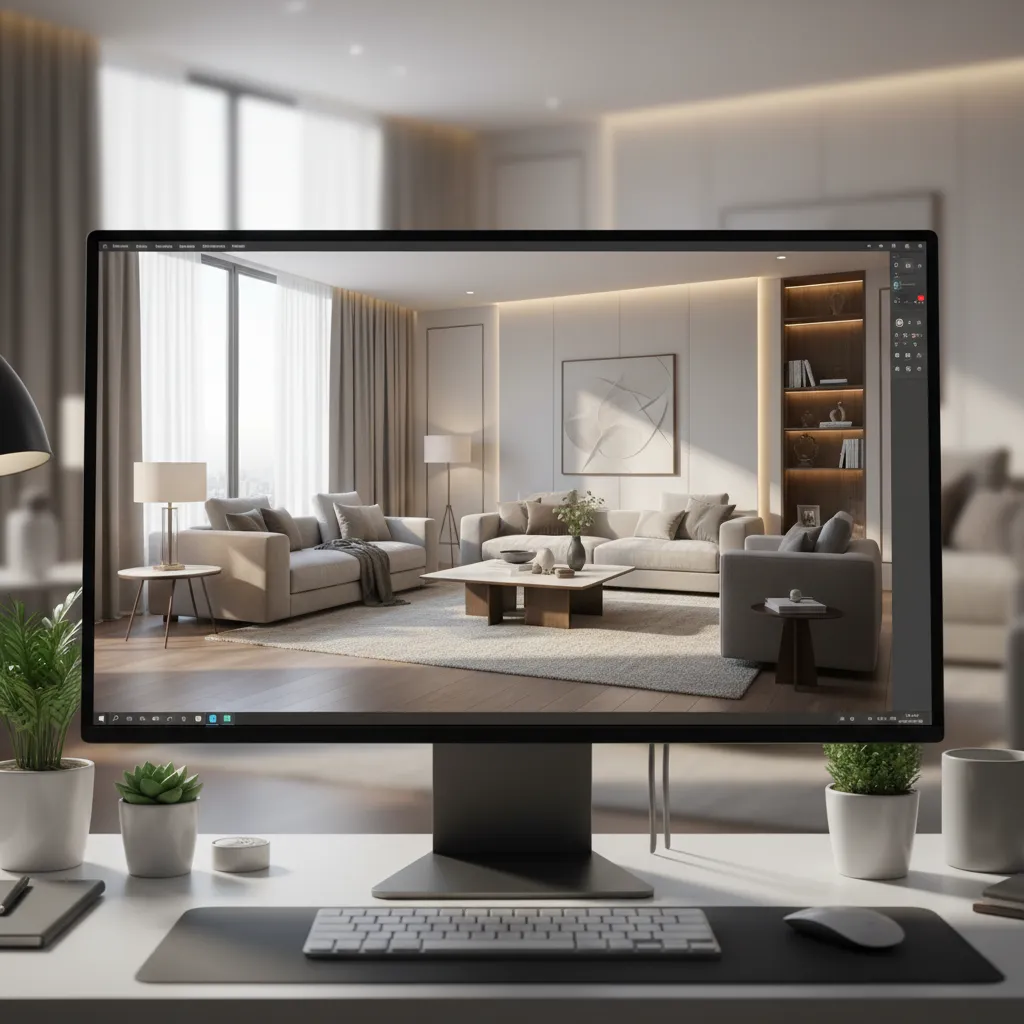 Pantalla de ordenador mostrando una habitación renderizada en 3D