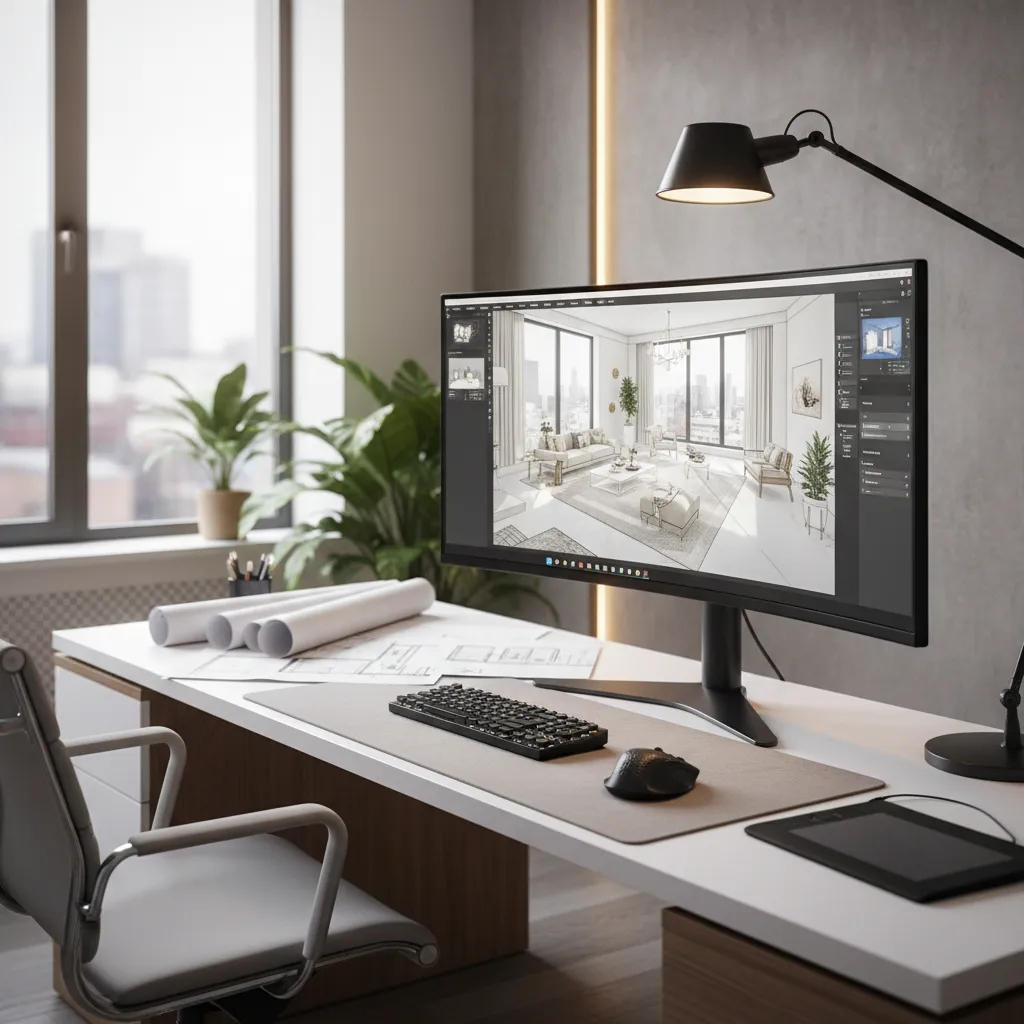 computer monitor showing interior design drawing of a living room on desk with desk lamp