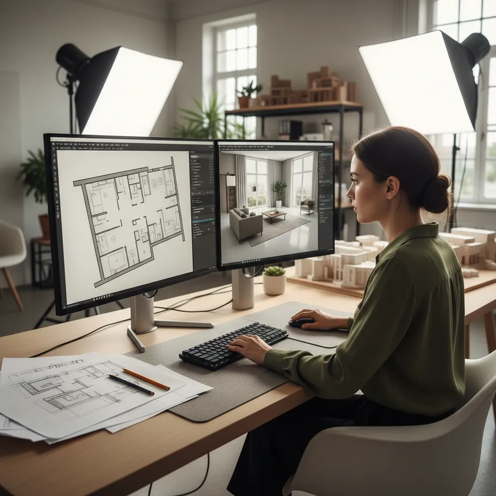 Diseñador trabajando en un plano de interiorismo en software 3D
