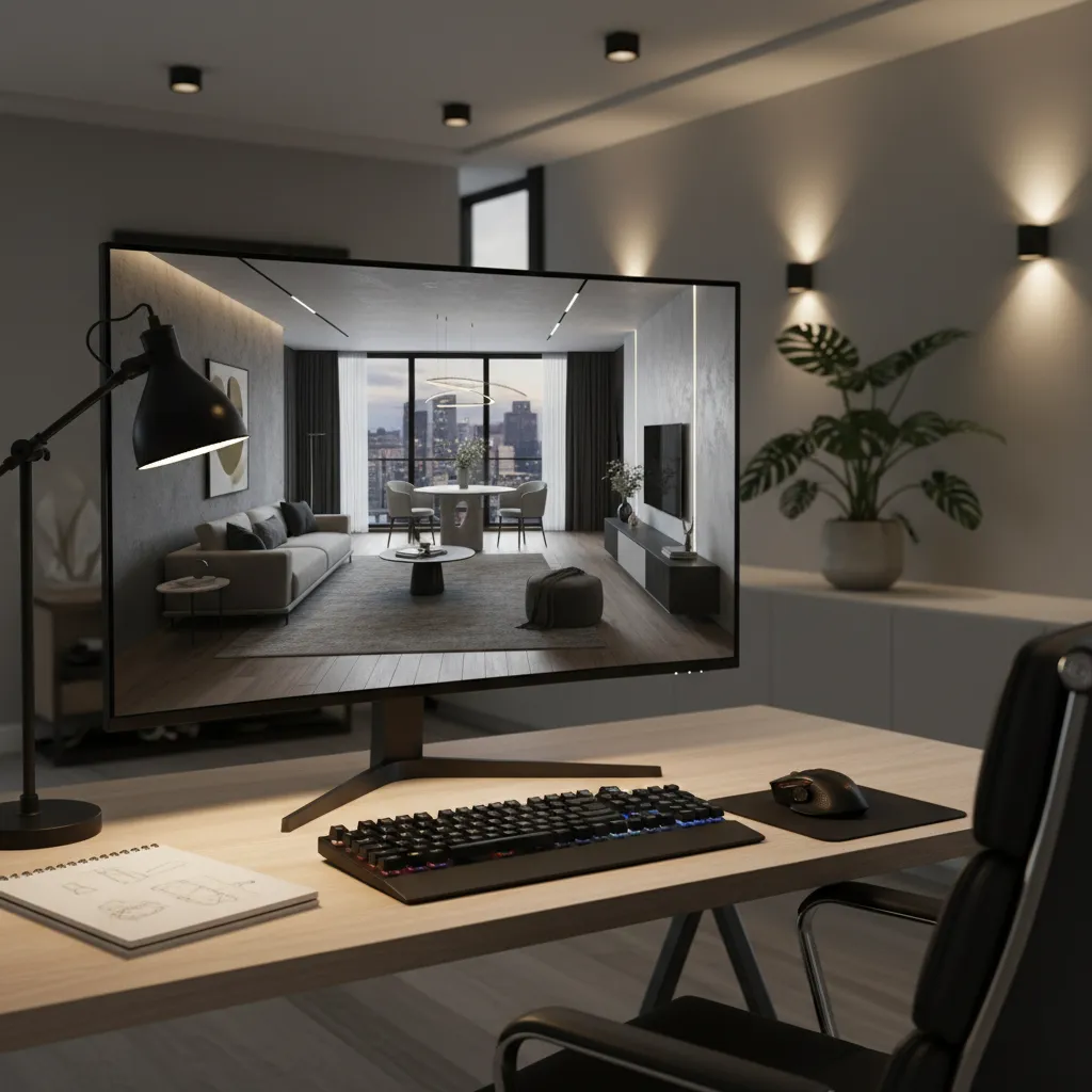 pantalla de ordenador mostrando un diseño de interior en 3D