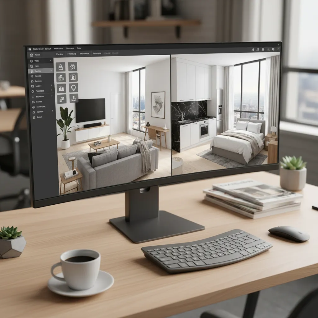 Computer monitor displaying interior design software with drawings of a living room and modern bedroom