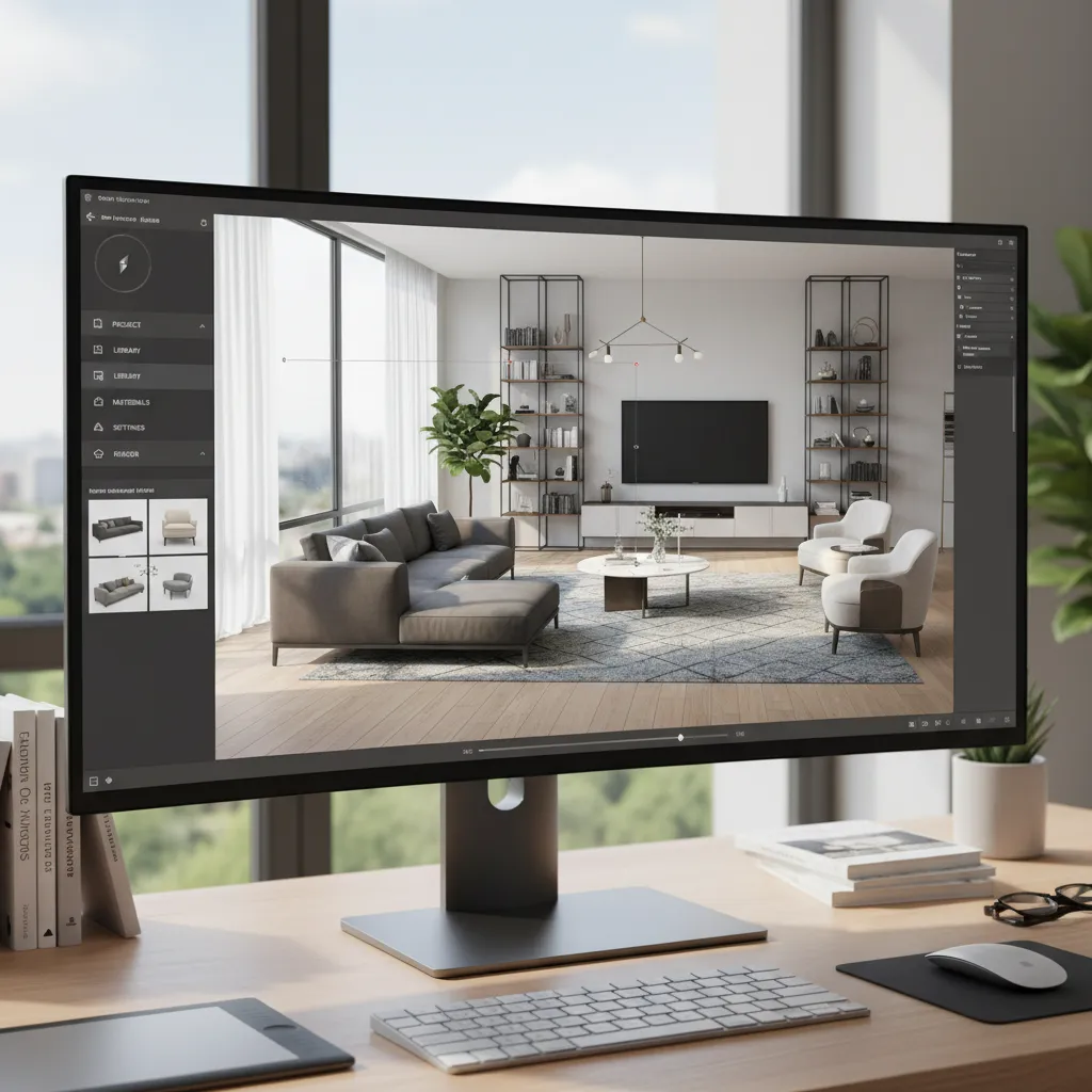 Interfaz de un simulador de decoración mostrando un salón en 3D