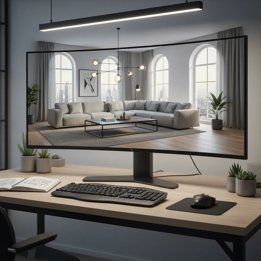 Modern living room design with grey sofa on computer monitor on a wooden office desk