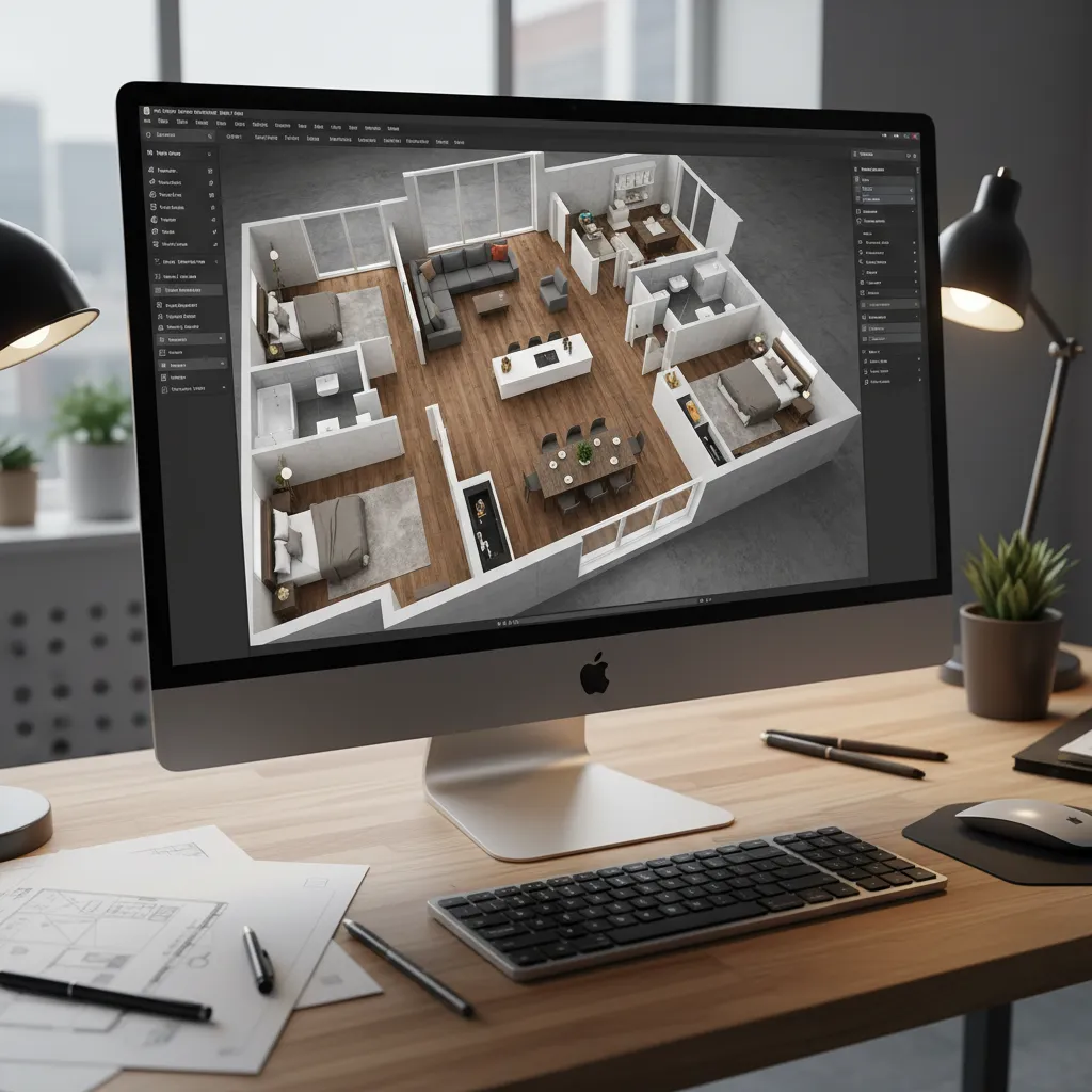 Pantalla mostrando plano de una habitación en software de diseño 3D