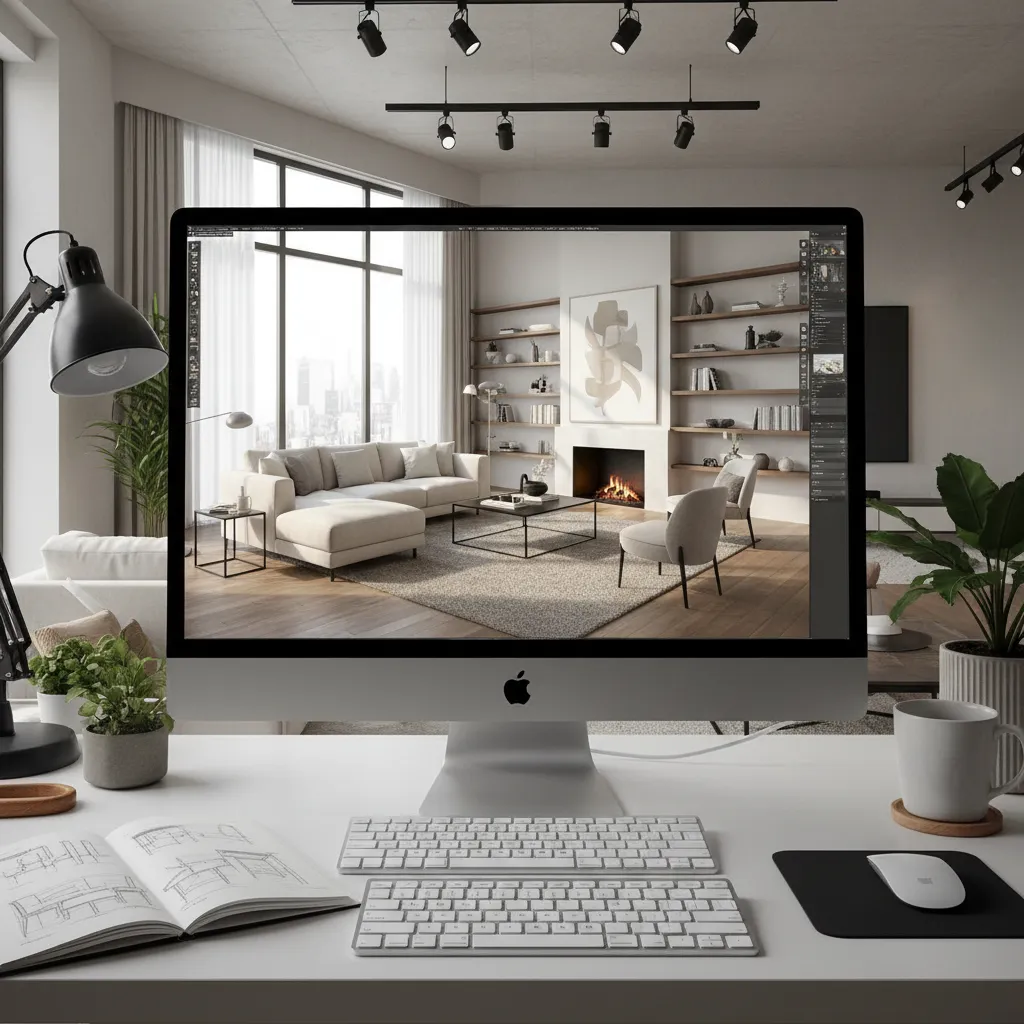 Computer screen showing living room interior design drawing with sofa, fireplace, and white wall shelves