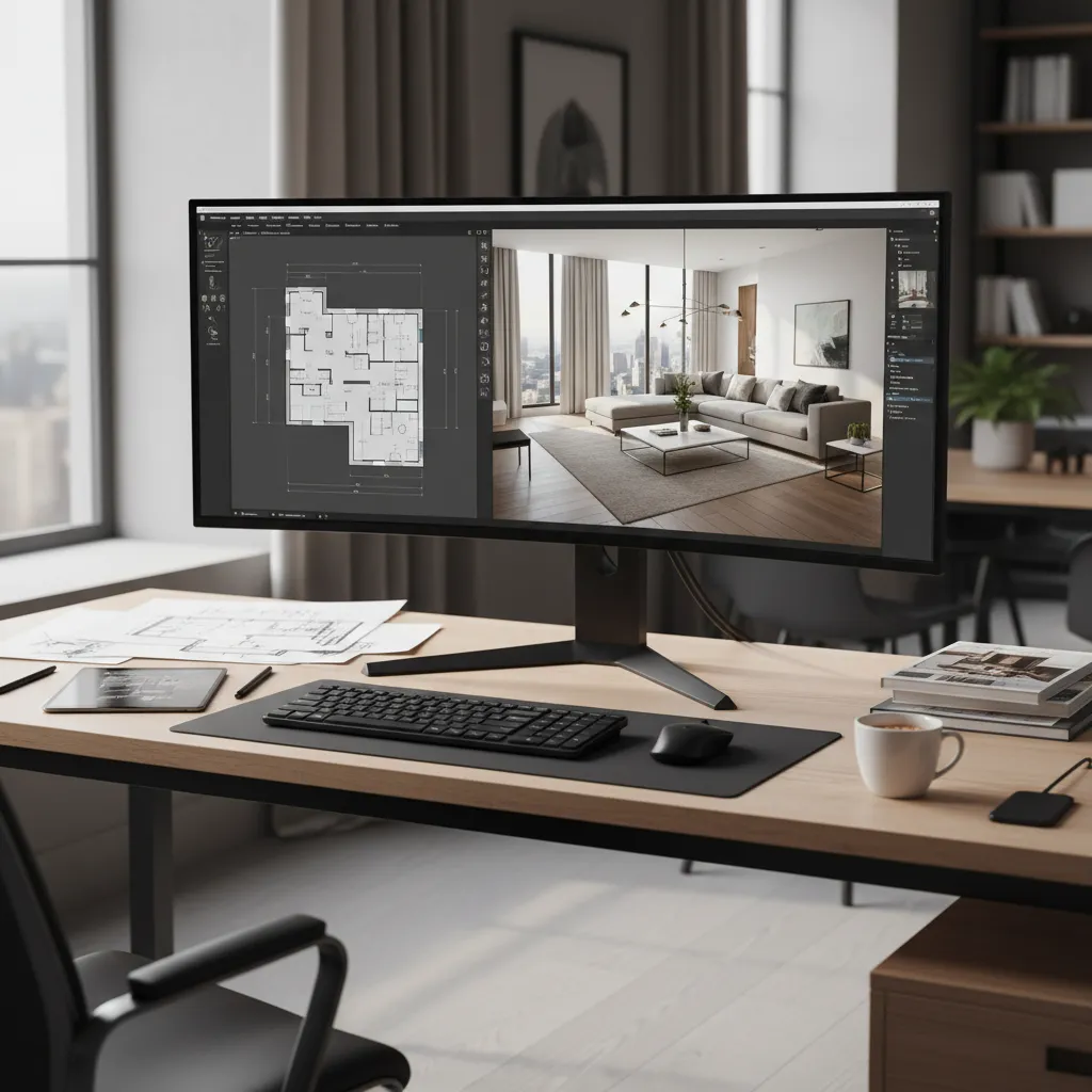 Ultrawide monitor on wooden desk showing 2D floor plan beside 3D interior design drawing room