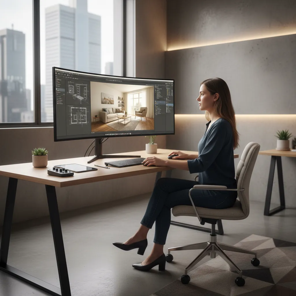 Estudiante creando un diseño de interiores en software 3D