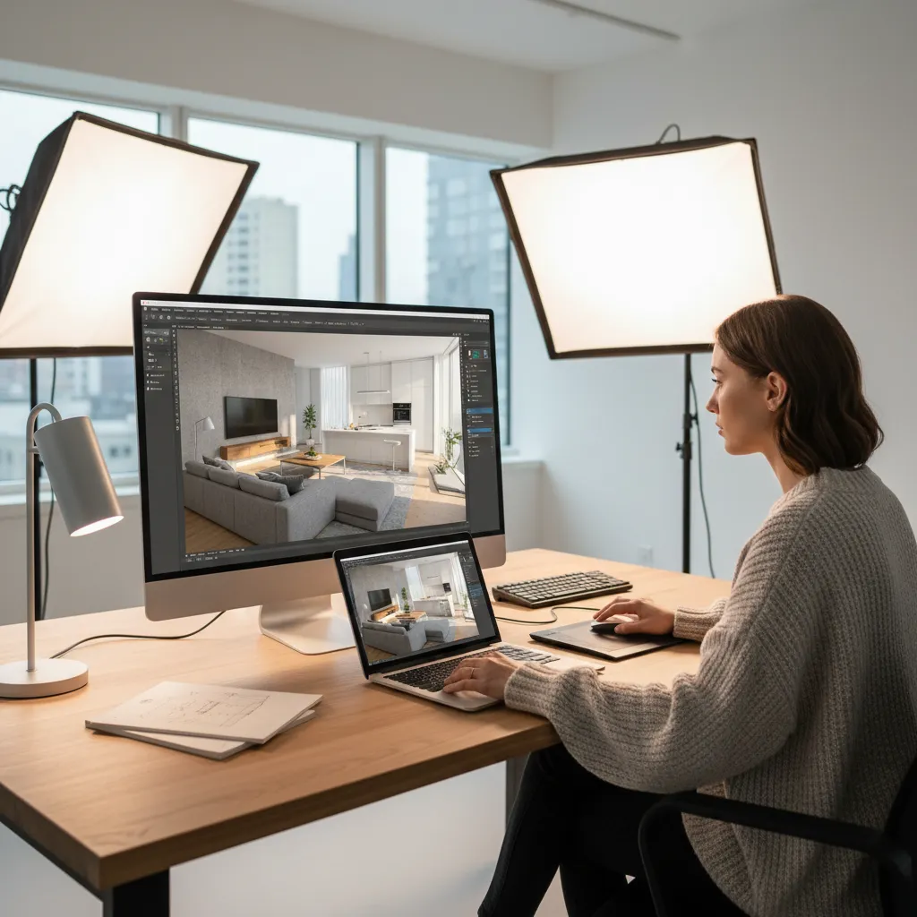 A designer using a computer and laptop to create a living room interior design drawing